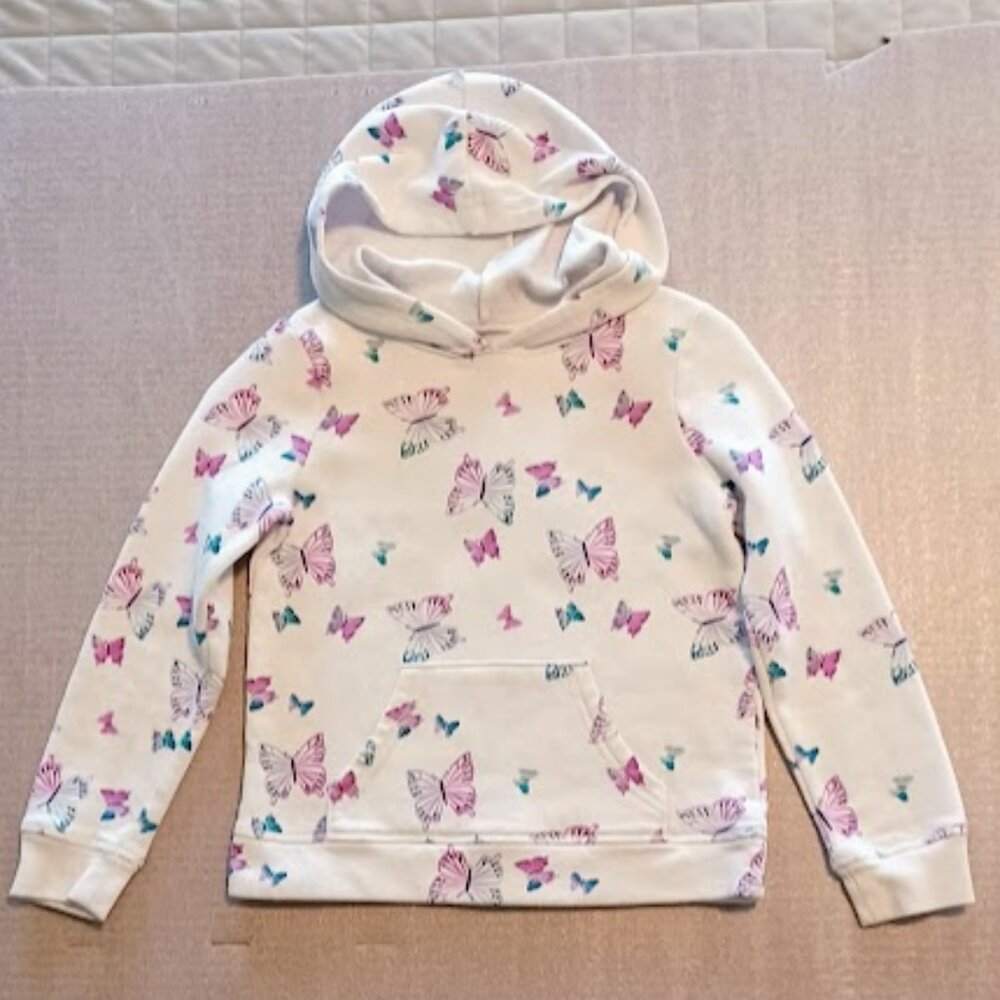 Jumping Beans girls fleece sweatshirt, size 6 white w/purple, teal butterflies